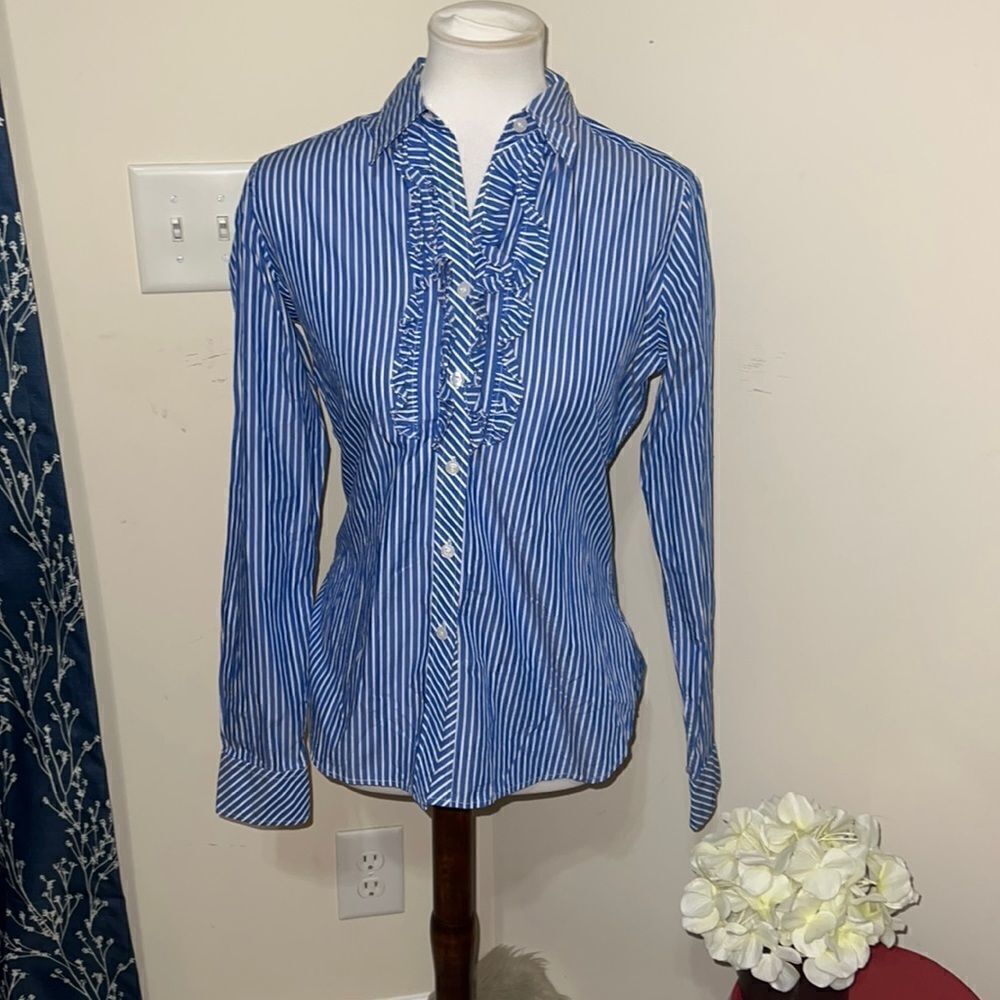 Lilly Pulitzer Blue & White Striped Ruffle Front Button-Down